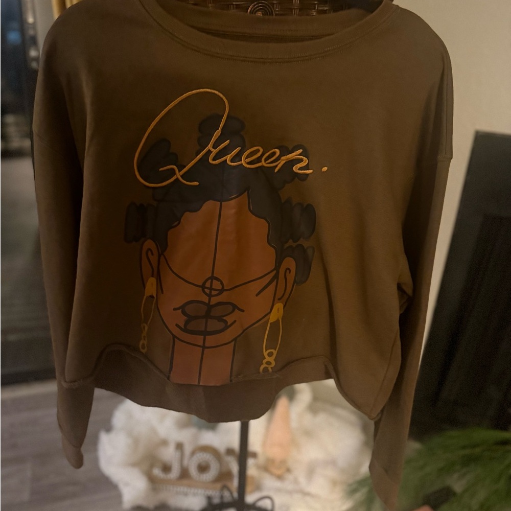 Legendary Rootz “Queen” Sweatshirt L | Afrocentric Crop Graphic Olive Brown